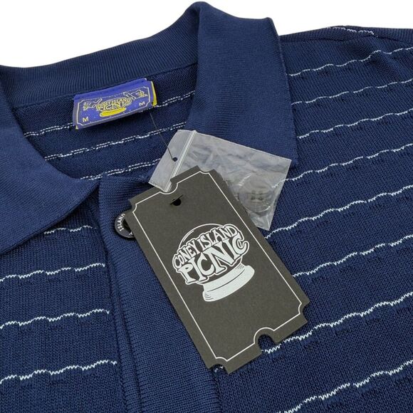 NWT Coney Island Picnic Men's Knit Striped Button Polo Shirt Blue Medium - Picture 5 of 10